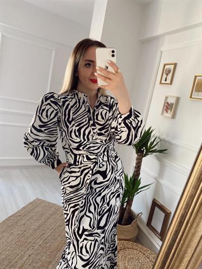 Zebra Kendinden Kuşaklı Elbise