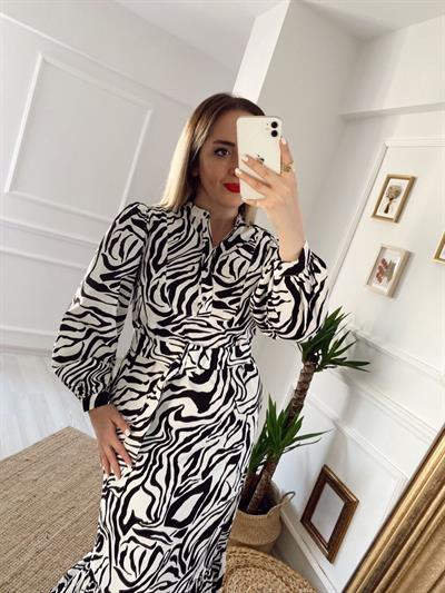Zebra Kendinden Kuşaklı Elbise