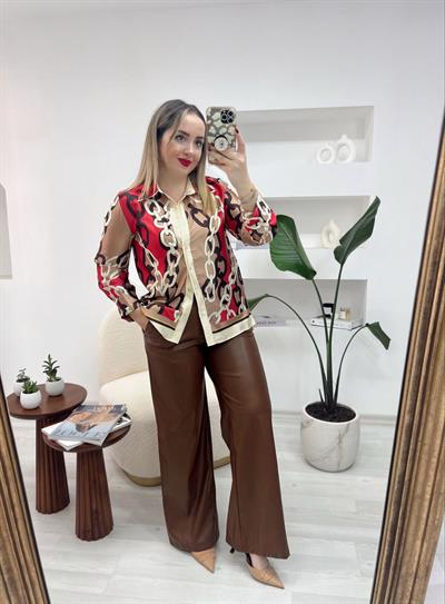 Zincir Detay Kirmizi Saten Gömlek