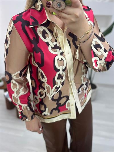 Zincir Detay Kirmizi Saten Gömlek