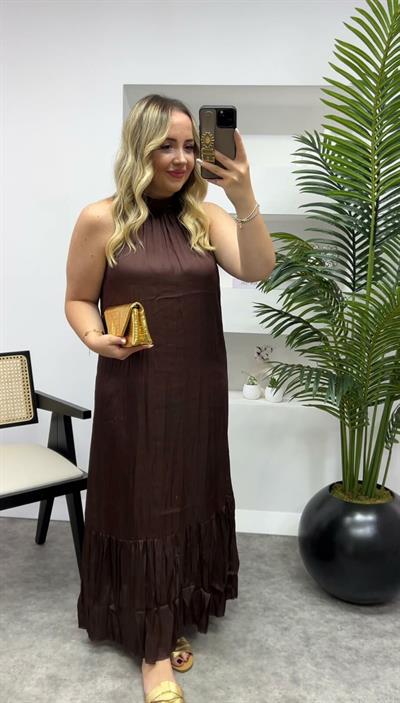 Zr İpek Saten Halter Yaka Acıkahve Elbise