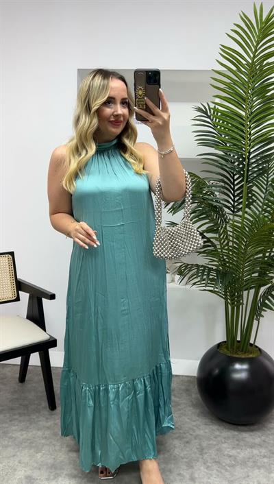 Zr İpek Saten Halter Yaka Mint Yeşil Elbise