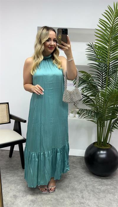 Zr İpek Saten Halter Yaka Mint Yeşil Elbise