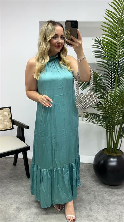 Zr İpek Saten Halter Yaka Mint Yeşil Elbise