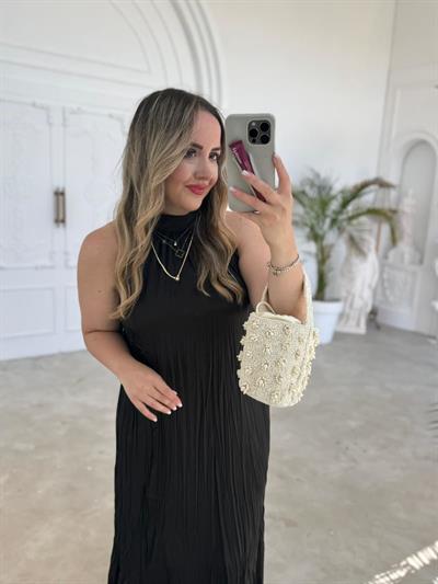 Zr İpek Saten Halter Yaka Siyah Elbise