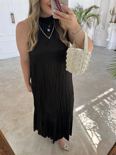 Zr İpek Saten Halter Yaka Siyah Elbise