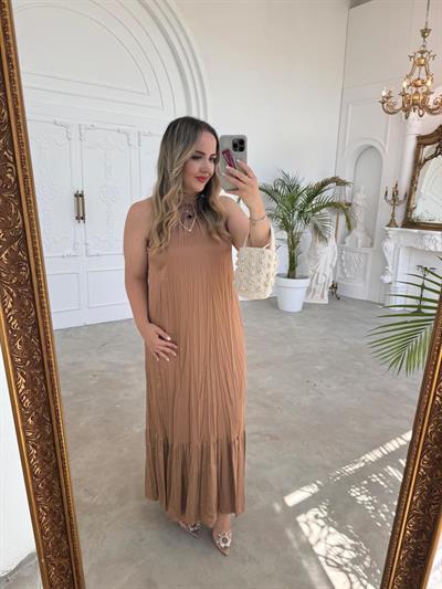Zr İpek Saten Halter Yaka Sütlü Kahve Elbise