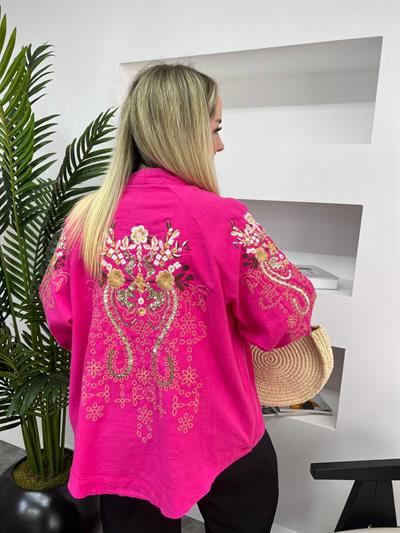 Zr  Kol Ve Sırt İşlemeli Keten Kimono Fuşya