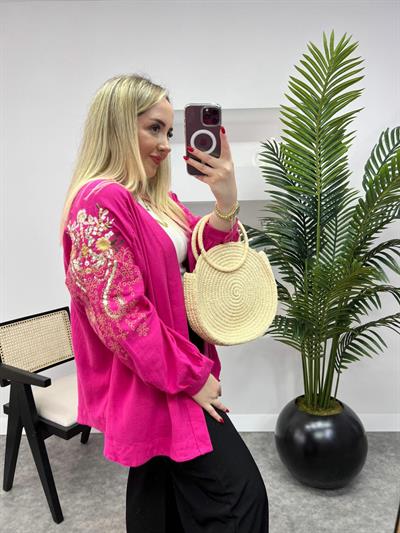 Zr  Kol Ve Sırt İşlemeli Keten Kimono Fuşya