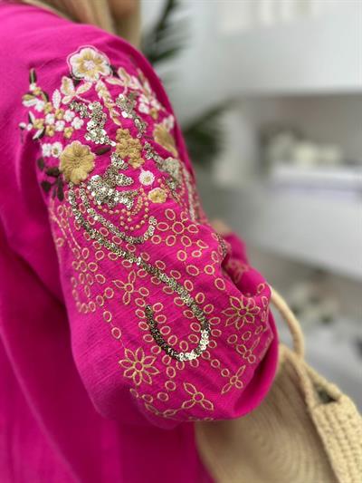 Zr  Kol Ve Sırt İşlemeli Keten Kimono Fuşya