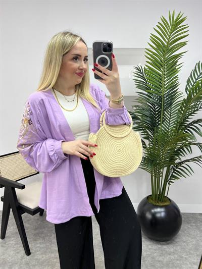 Zr  Kol Ve Sırt İşlemeli Keten Kimono Lila