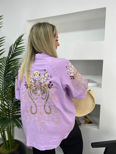 Zr  Kol Ve Sırt İşlemeli Keten Kimono Lila