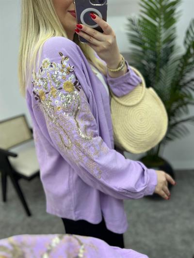 Zr  Kol Ve Sırt İşlemeli Keten Kimono Lila