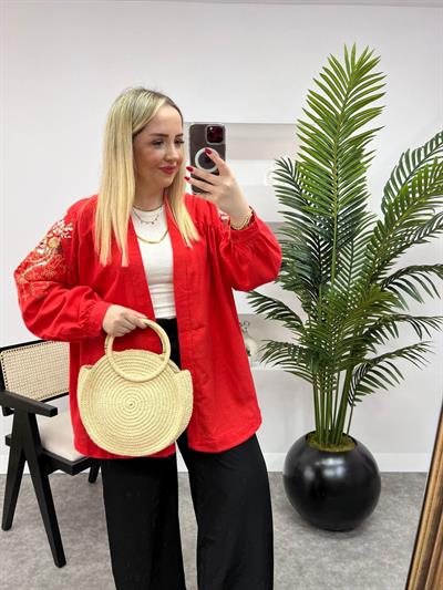 Zr  Kol Ve Sırt İşlemeli Keten Kimono Orange