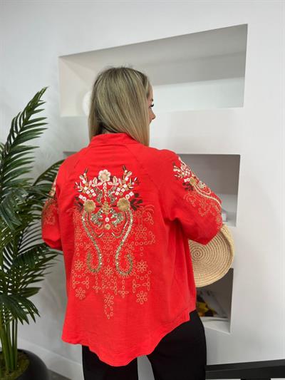 Zr  Kol Ve Sırt İşlemeli Keten Kimono Orange