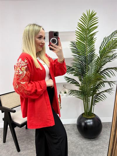 Zr  Kol Ve Sırt İşlemeli Keten Kimono Orange