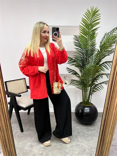 Zr  Kol Ve Sırt İşlemeli Keten Kimono Orange