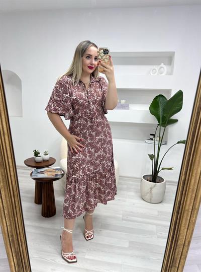 Orj Marka Belden Düzgülü Kahverengi Deseni Elbise
