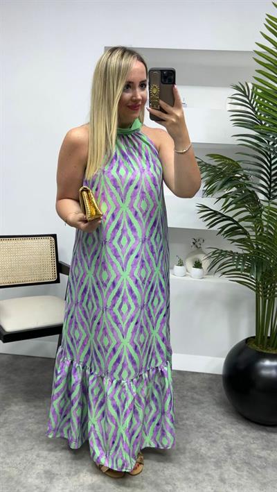 Orj Marka Halter Yaka Mor Yeşil Desenli Elbise