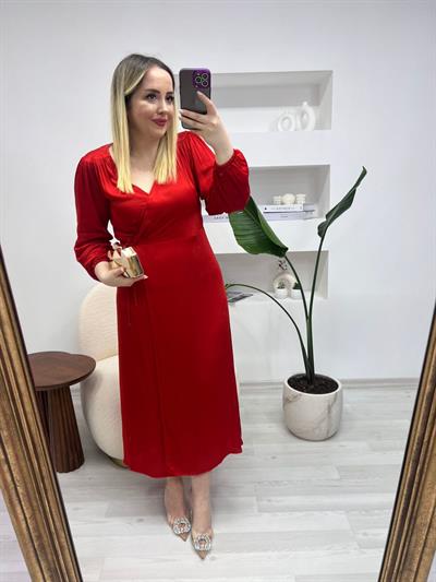 Orj Marka Kruvaze Bağlamalı Kırmızı Saten Elbise