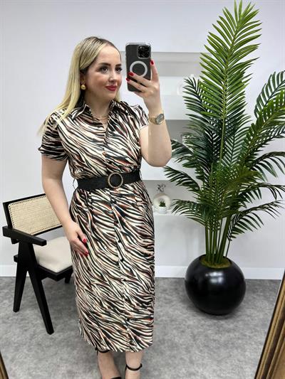 Orj Marka Kemerli Saten Elbise Kahverengi Zebra