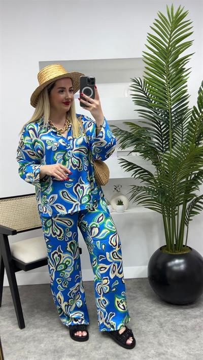 Orj Marka Mavi Yeşil İpek Saten Takım