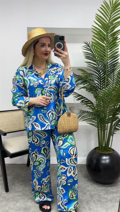 Orj Marka Mavi Yeşil İpek Saten Takım