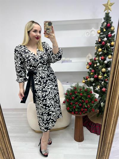 Orj Marka Özel Saten Siyah Beyaz Tasarım Elbise