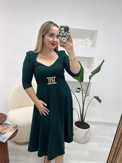 Zümrüt Renk Kemerli Prenses Model Elbise