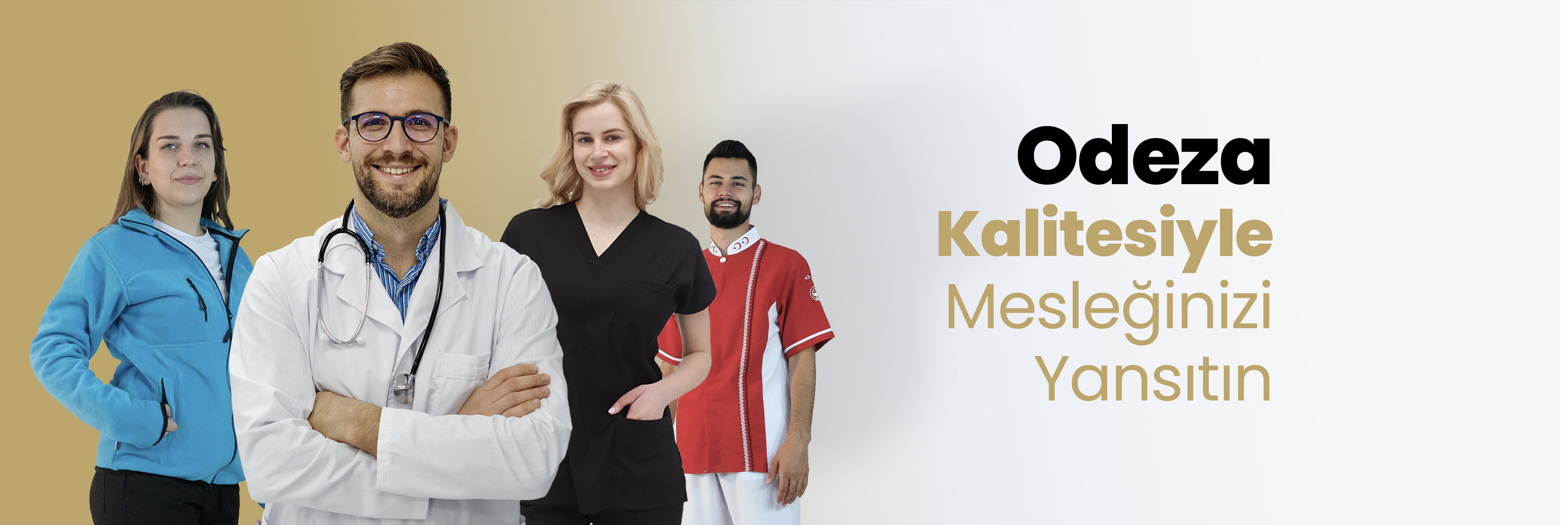 Meslek gruplarına uygun profesyonel kıyafetler sunan Odeza marka tanıtım görseli - doktor, hemşire, aşçı ve garson gibi mesleklerden temsilciler yer alıyor.