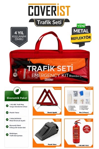 Trafik ve İlk Yardım Seti - Ekonomik Paket 1 KG Araç Yangın Tüpü - 2 Adet Reflektör 