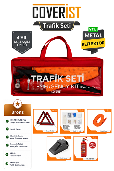 Trafik ve İlk Yardım Seti - Muayene Uyumlu 1 KG Araç Yangın Tüpü - 2 Adet Reflektör - Bronze Pack