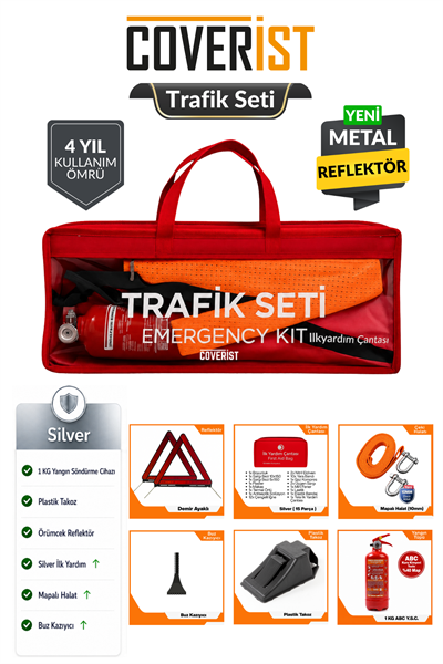 Trafik ve İlk Yardım Seti - Muayene Uyumlu 1 KG Araç Yangın Tüpü - 2 Adet Reflektör - Silver Pack