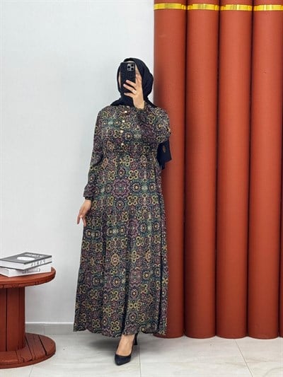 2367 yeni sezon viskon kumaş önden yarım düğmeli papatya desenli model renk yeşil