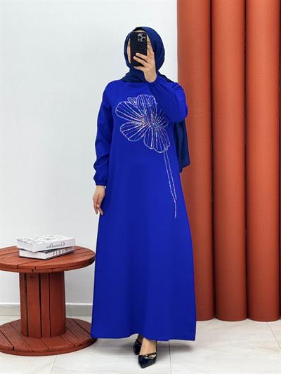 098 Krep kumaş elbise taşlı mavi