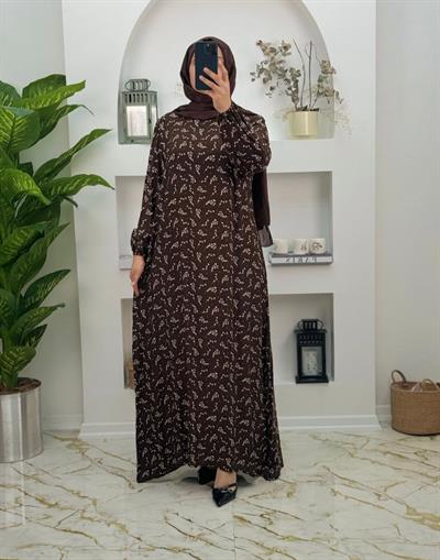 1680 Yeni Sezon Viskon Kumaş Seyyar Kemerli Elbise Renk Kahverengi