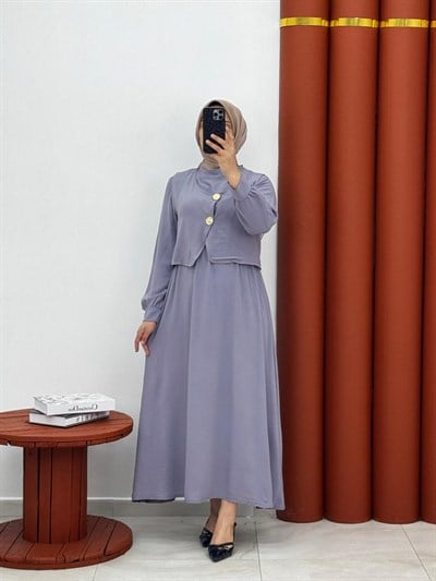 7698 Airobin kumaş yelekli elbise gri