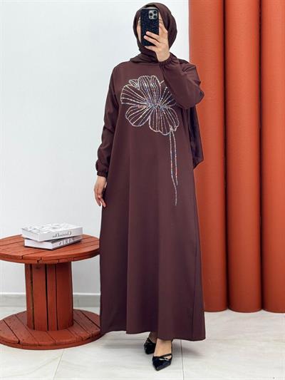 098 Krep kumaş elbise taşlı kahverengi