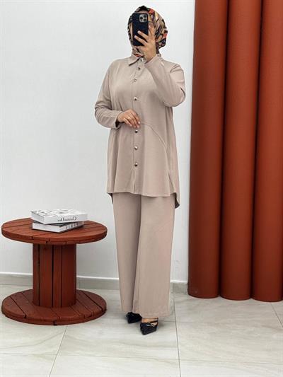 4587 oyşho gömlek yaka ikili takım bej
