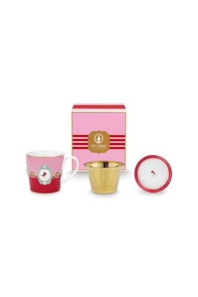 Love Birds Kırmızı/Pembe Madalyon Desenli Tek Kişilik Çay Seti 250 ml
