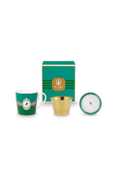 Love Birds Yeşil Renkli Madalyon Desenli Tek Kişilik Çay Seti 250 ml