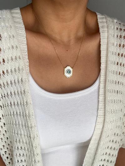 14k Altın Kaplama Beyaz-Mavi Taşlı Geometrik Kolye