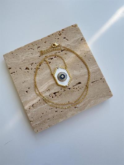 14k Altın Kaplama Beyaz-Mavi Taşlı Geometrik Kolye