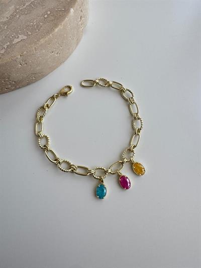 14k Altın Kaplama Charmlı Renkli Oval Taşlı Bileklik