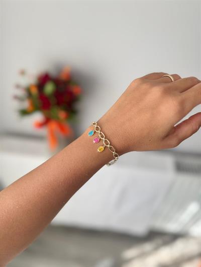 14k Altın Kaplama Charmlı Renkli Oval Taşlı Bileklik