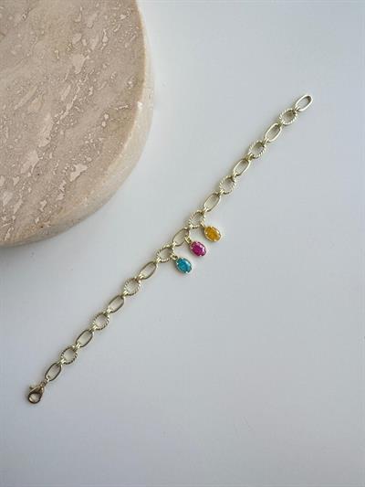 14k Altın Kaplama Charmlı Renkli Oval Taşlı Bileklik