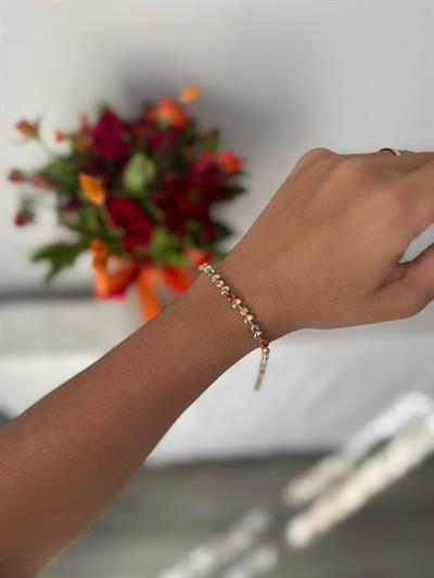 14k Altın Kaplama Kalpli Mini Renkli Taşlı Bileklik