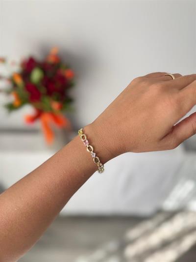 14k Altın Kaplama Renkli Taşlı Oval Bileklik