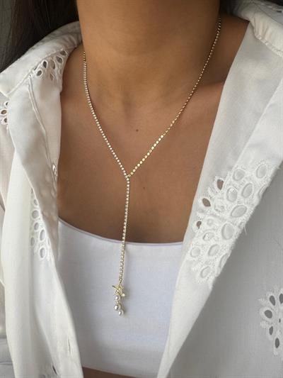 14k Çelik Suyolu İncili Dekolte Kolye