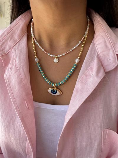 Altın Kaplama Barok İncili Mavi Taşlı Göz Kolye